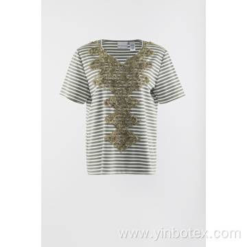 Applique stripe knit short sleeve Tshirt